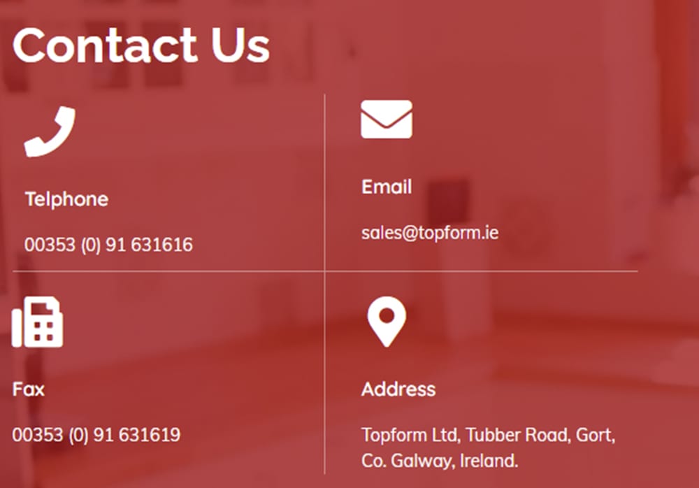 Contact Topform Worktops Ireland by email, phone, or fax